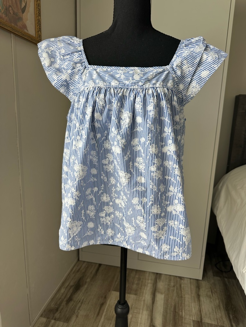 Liverpool Blue and White Striped Floral Blouse